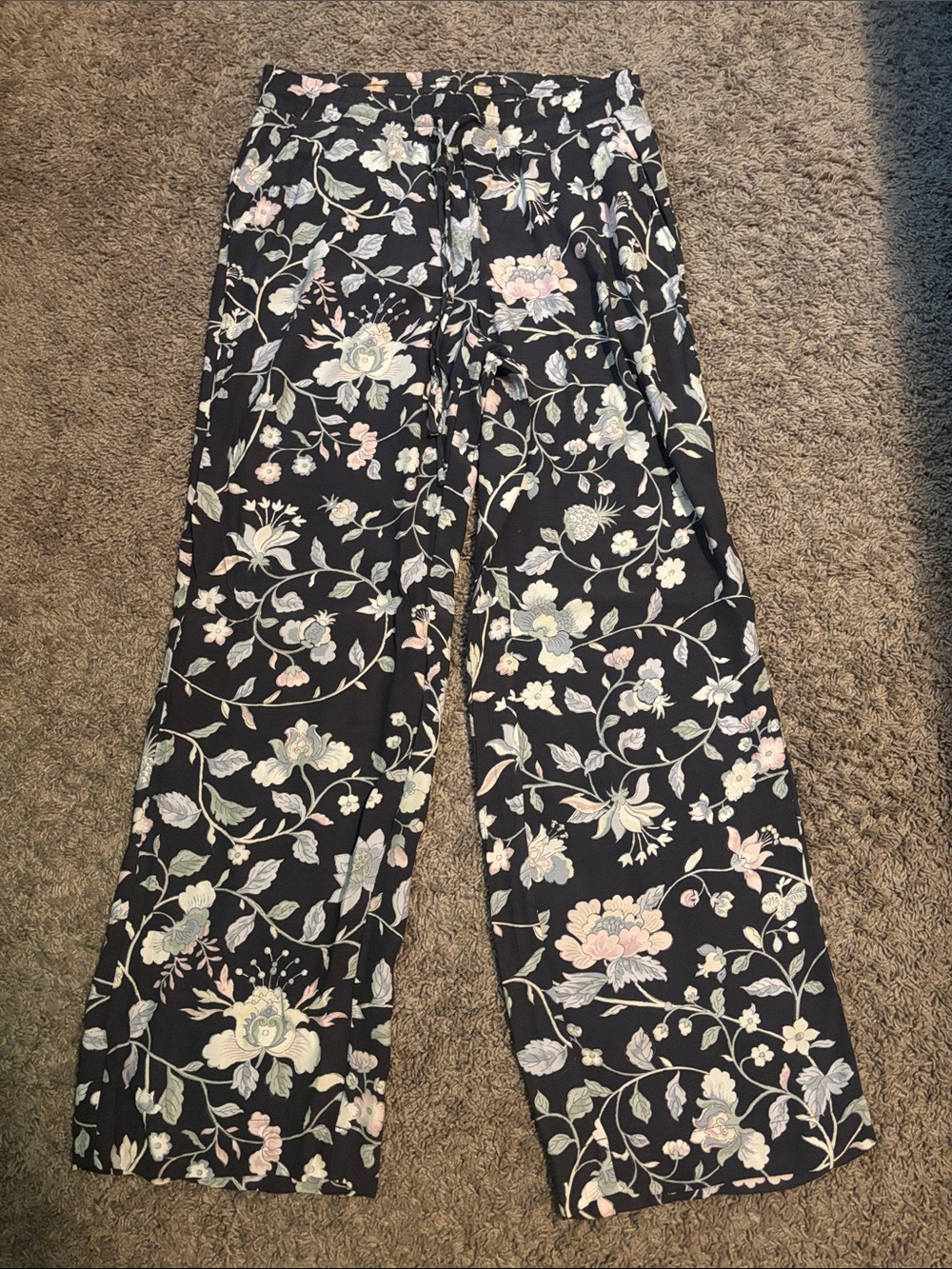 LOFT Black Wide-Leg Floral Pants with Pastel Blooms